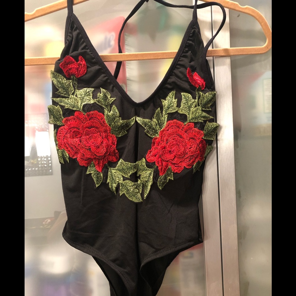 Deep v front low back appliqué bodysuit